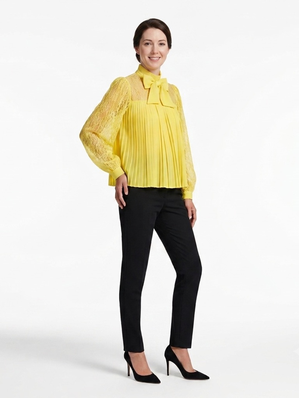 Yellow Pleated Bow-Neck Lace Sleeve Blouse